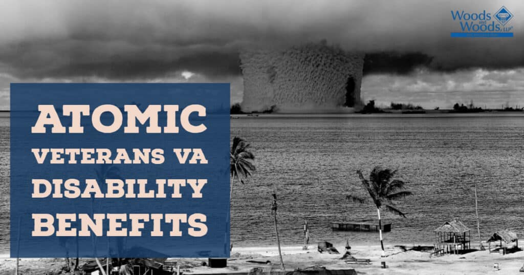 Old picture of an atomic bomb test at an unknown atoll in the South Pacific. Our title is on the left: Atomic Veterans VA Disability Benefits