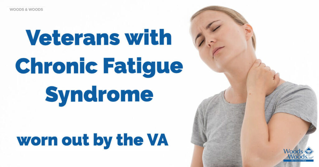 Veteran woman with her eyes closed holding her sore neck with our title to the left: Veterans with Chronic Fatigue Syndrome worn out by the VA. 
