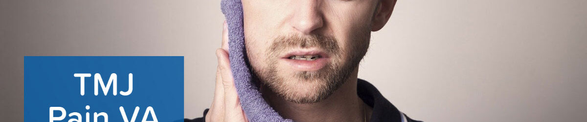 Picture of a man with a beard holding a purple towel against his right jaw and wincing in pain from TMJ. Our title is beside him: TMJ Pain VA Disability Guide