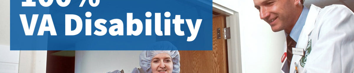 two medical staff, a man and a woman, smiling at a patient on a gurney rolling out of surgery and into recovery. Our title is up high on the graphic: Temporary 100% VA disability.