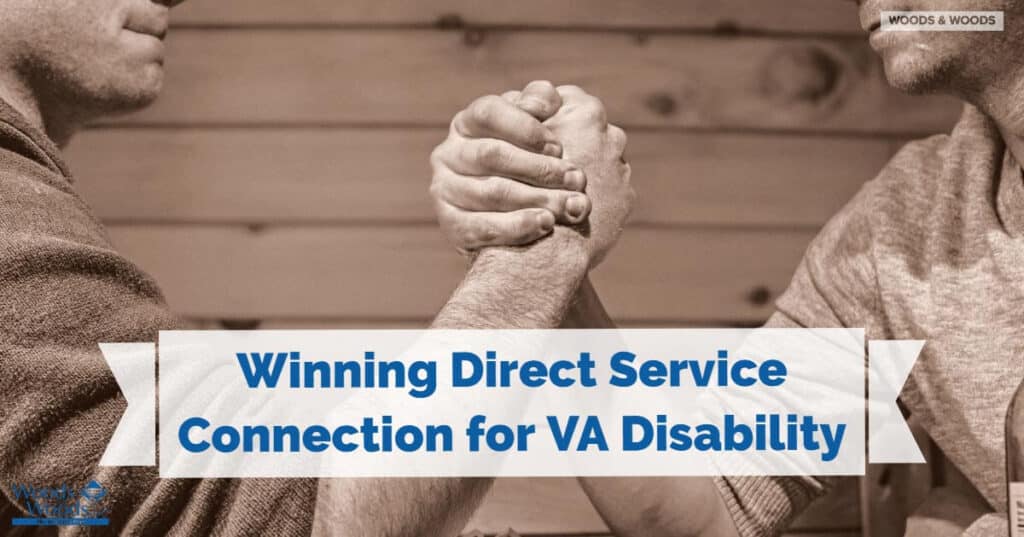 two men arm wrestling with title "winning direct service connection for VA disability" in front.